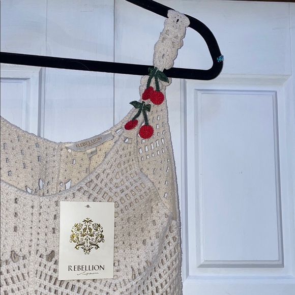 Rebellion Cream Crochet Crop Top with Red Cherry Accents - Picture 3 of 5
